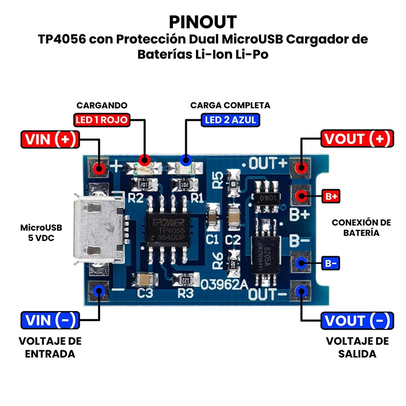 MÓDULO DE CARGA TP4056 MICRO USB (1S) - Imagen 2