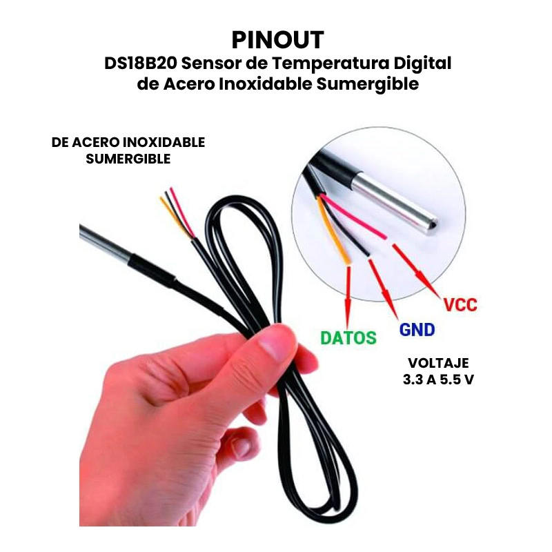 DS18B20 SENSOR DE TEMPERATURA SUMERGIBLE (IMPERMEABLE) - Imagen 3